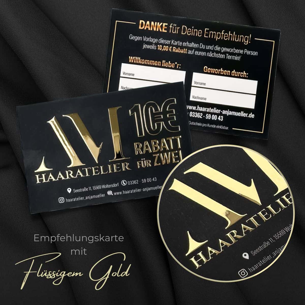 Referral card / Customers recruit customers / Gift card with liquid gold or silver